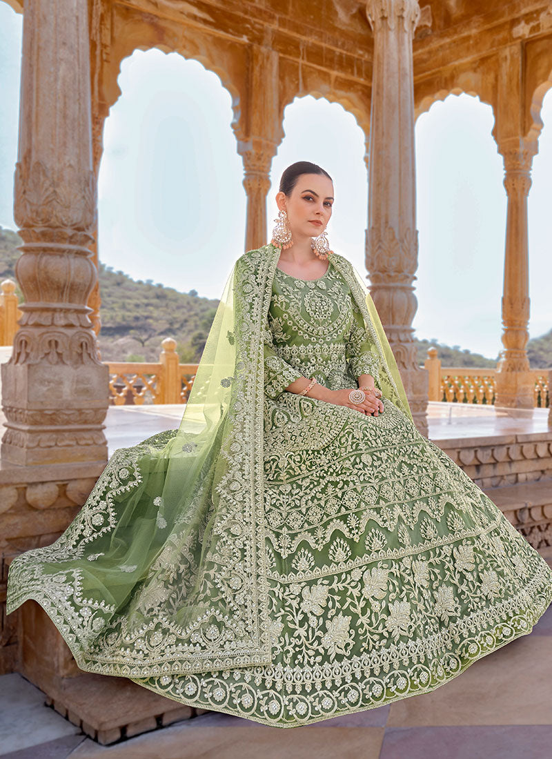 Olive Green Cording Thread Embroidery Designer Anarkali Suit