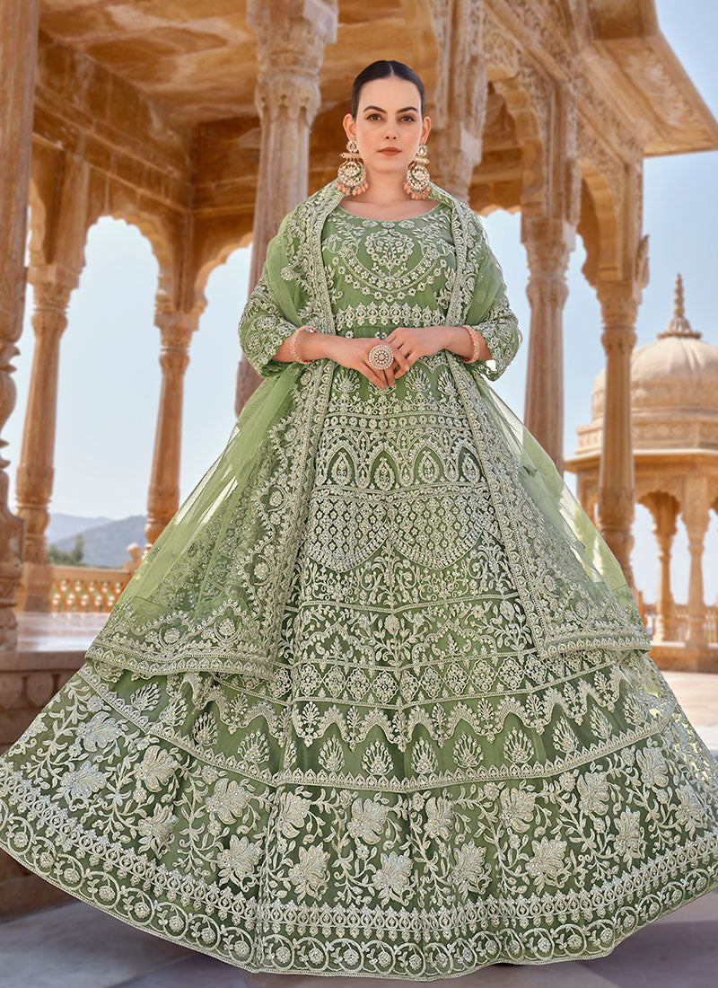 Olive Green Cording Thread Embroidery Designer Anarkali Suit