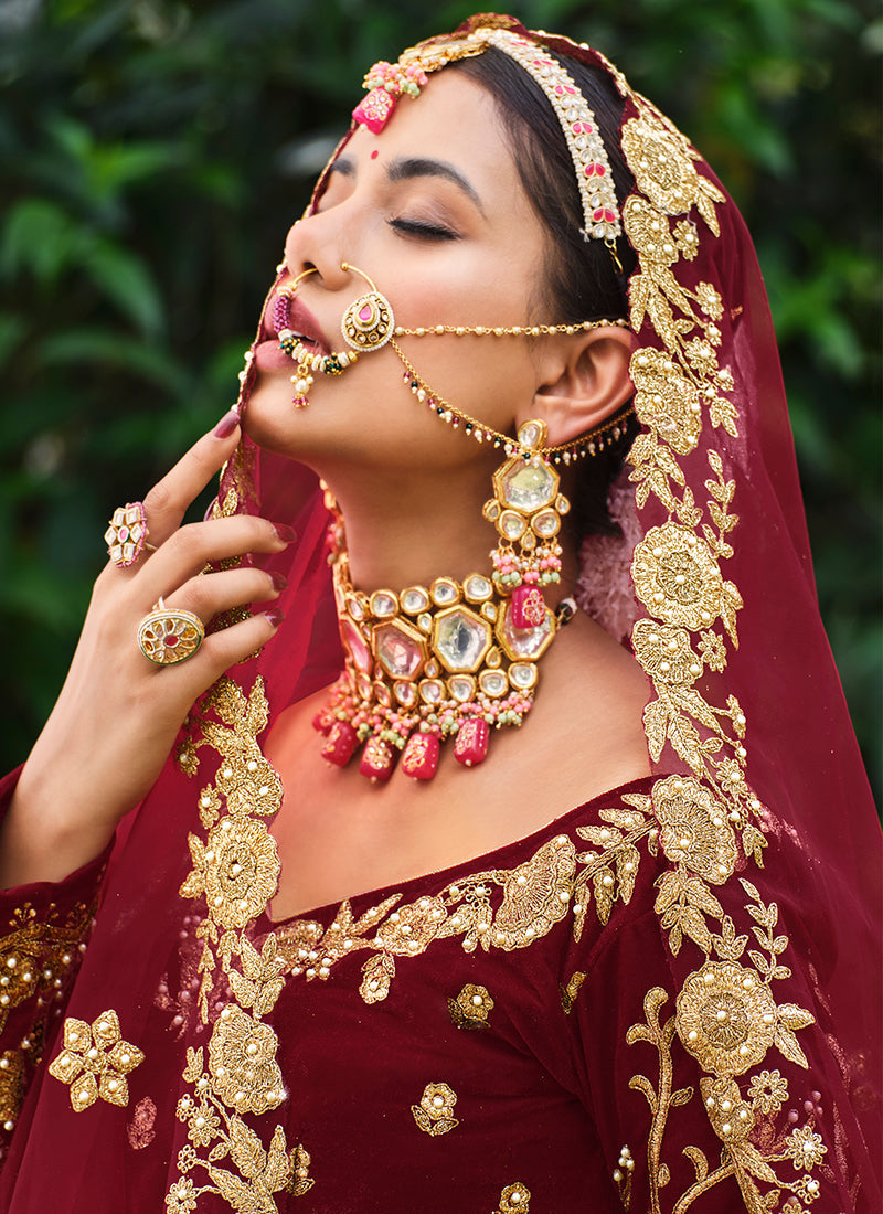 Maroon Cording Zari Embroidery Wedding Lehenga Choli