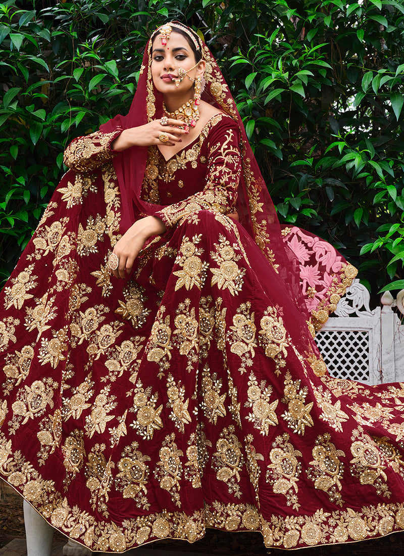 Maroon Cording Zari Embroidery Wedding Lehenga Choli