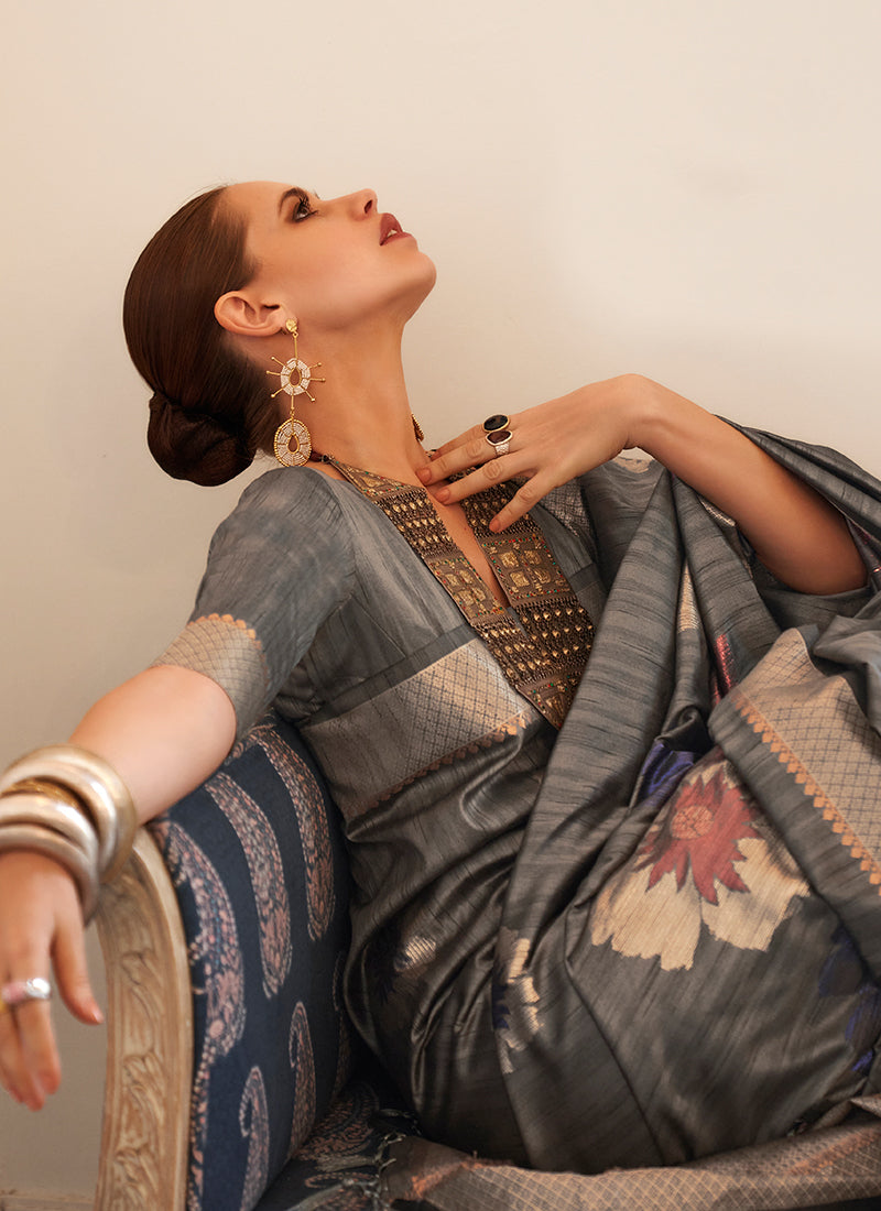 Grey Copper Brocade Weaved Handloom Silk Saree