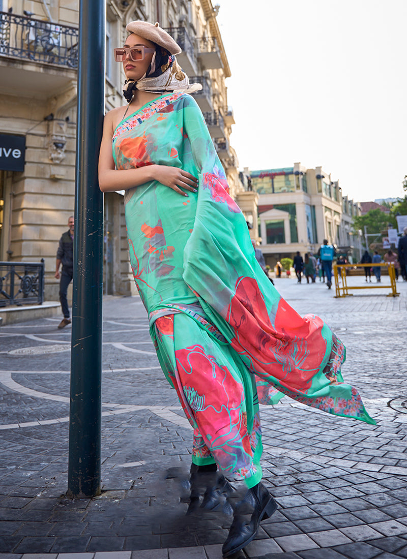 Sea Green Multicolored Digital Printed Crape Silk Saree