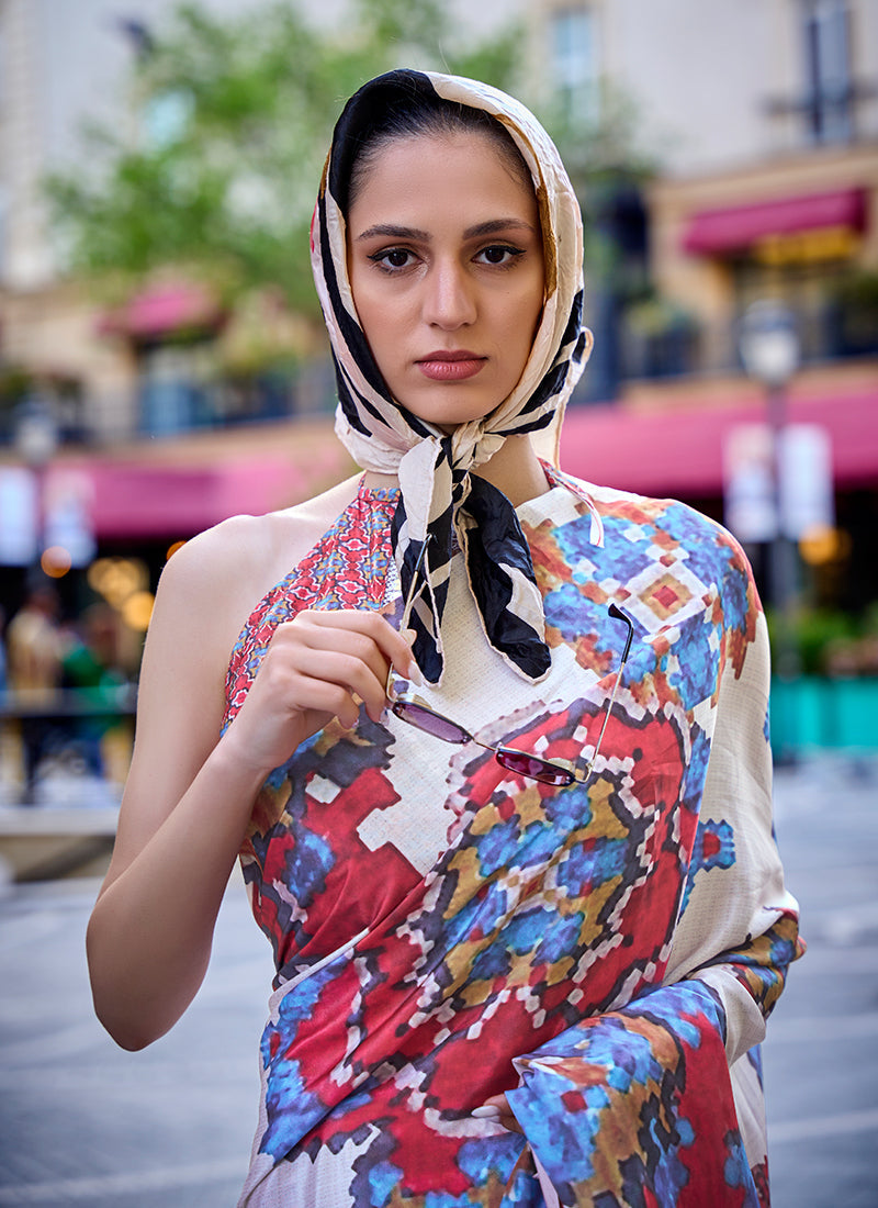 White Multicolored Digital Printed Crape Silk Saree