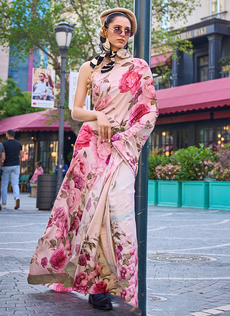 Pink Multicolored Digital Printed Crape Silk Saree