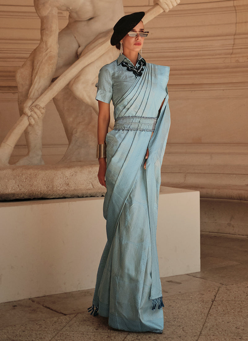 Sky Blue Weaved Traditional Satin Silk Saree