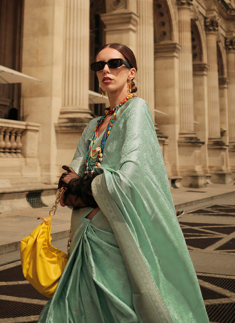 Mint Green Brocade Weaved Handloom Silk Saree