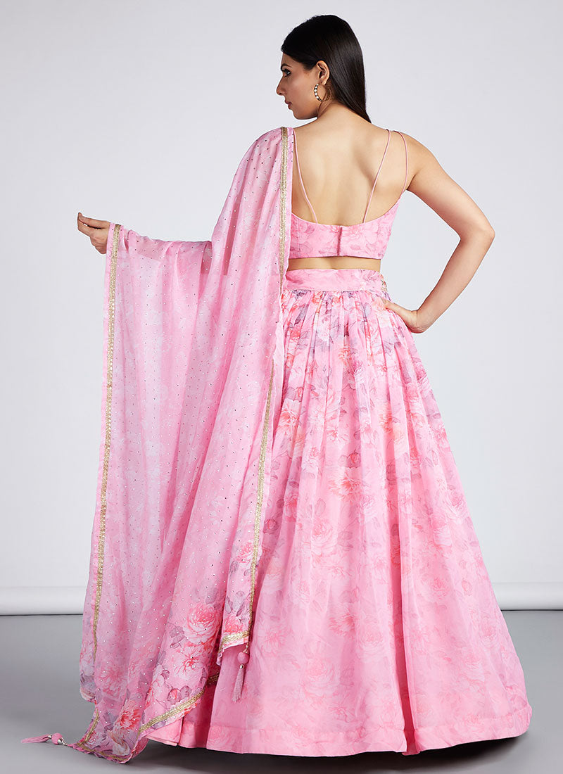 Pink Sequence Embroidery Printed Lehenga Choli And Dupatta