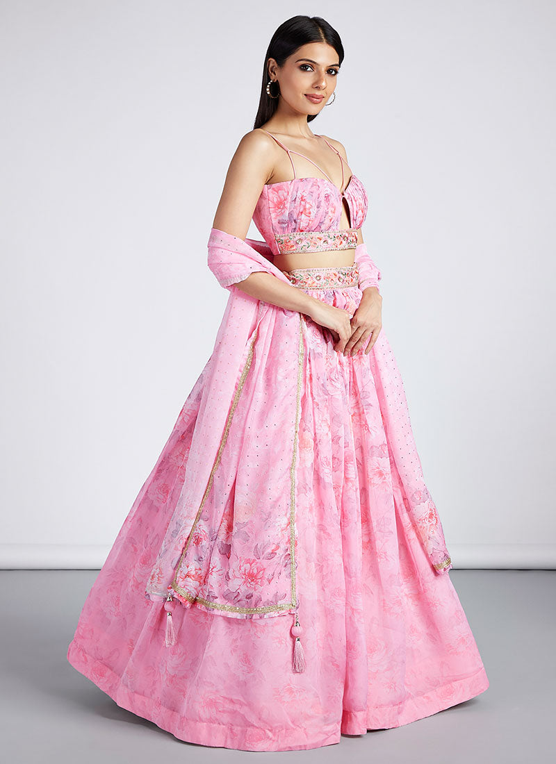 Pink Sequence Embroidery Printed Lehenga Choli And Dupatta