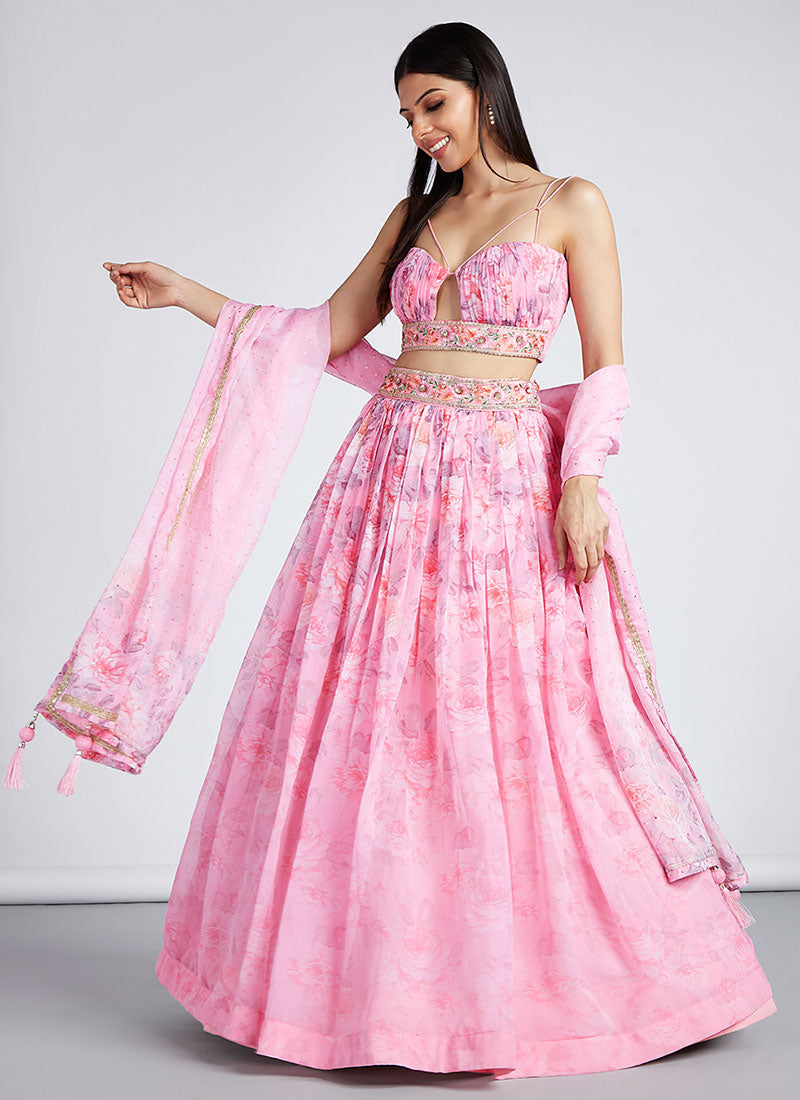 Pink Sequence Embroidery Printed Lehenga Choli And Dupatta