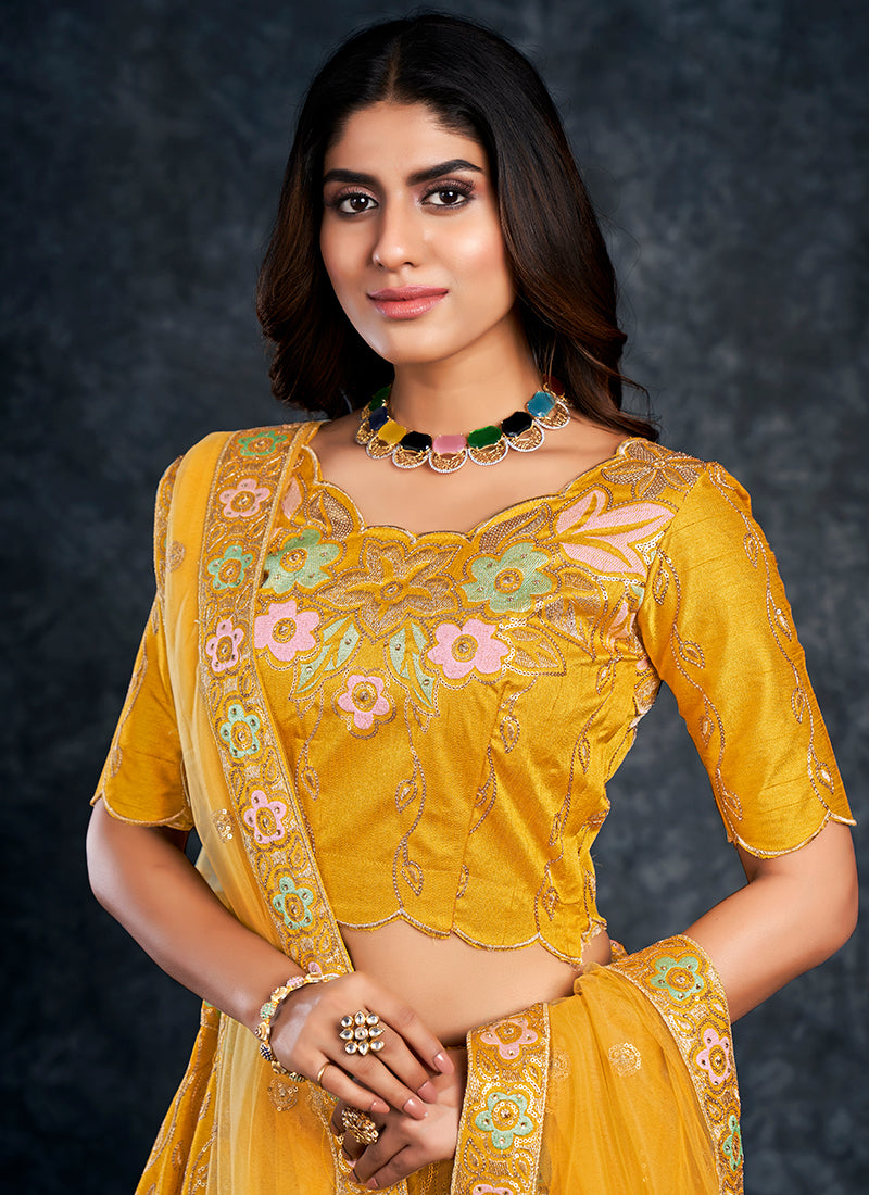 Yellow Multi Embroidery Silk Wedding Lehenga Choli