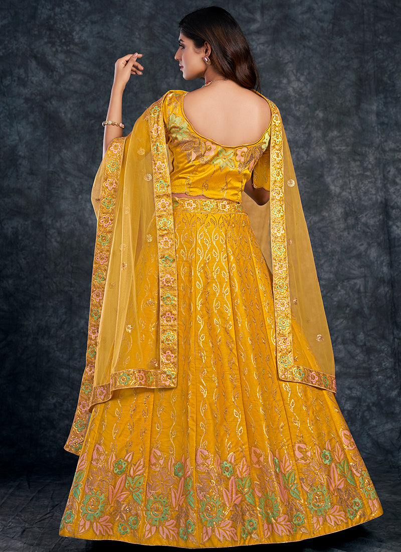 Yellow Multi Embroidery Silk Wedding Lehenga Choli