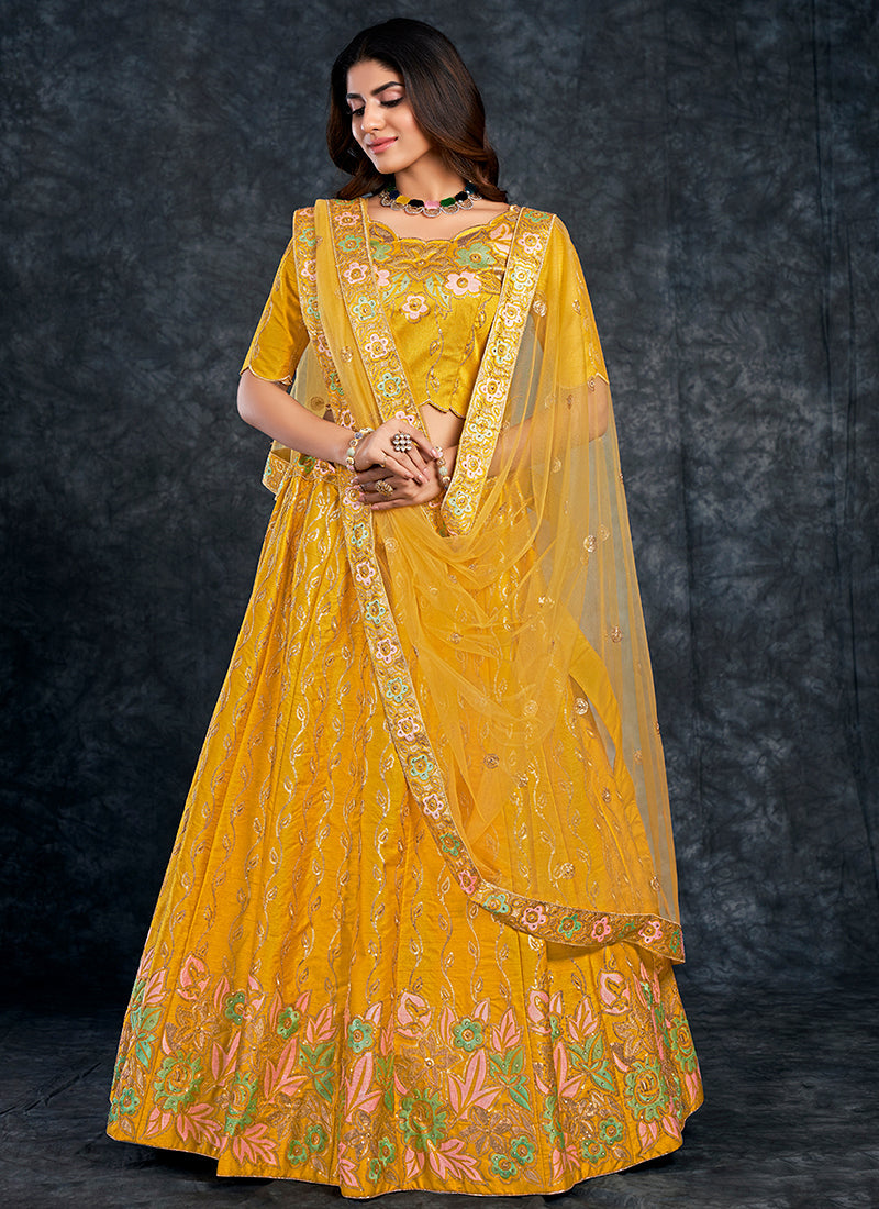 Yellow Multi Embroidery Silk Wedding Lehenga Choli