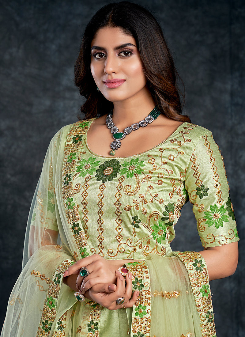 Pista Green Multi Embroidery Silk Wedding Lehenga Choli