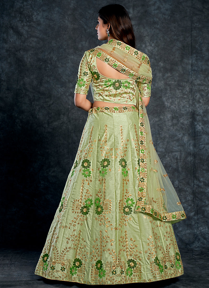 Pista Green Multi Embroidery Silk Wedding Lehenga Choli