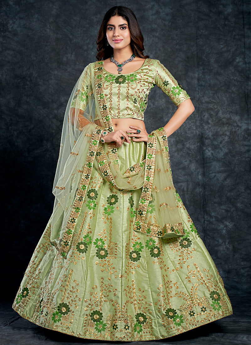 Pista Green Multi Embroidery Silk Wedding Lehenga Choli