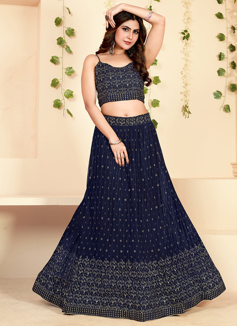 Navy Blue Golden Block Printed Georgette Lehenga Choli