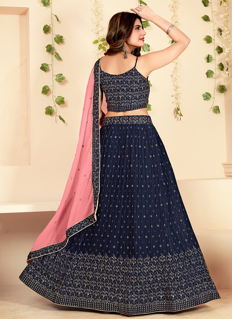 Navy Blue Golden Block Printed Georgette Lehenga Choli