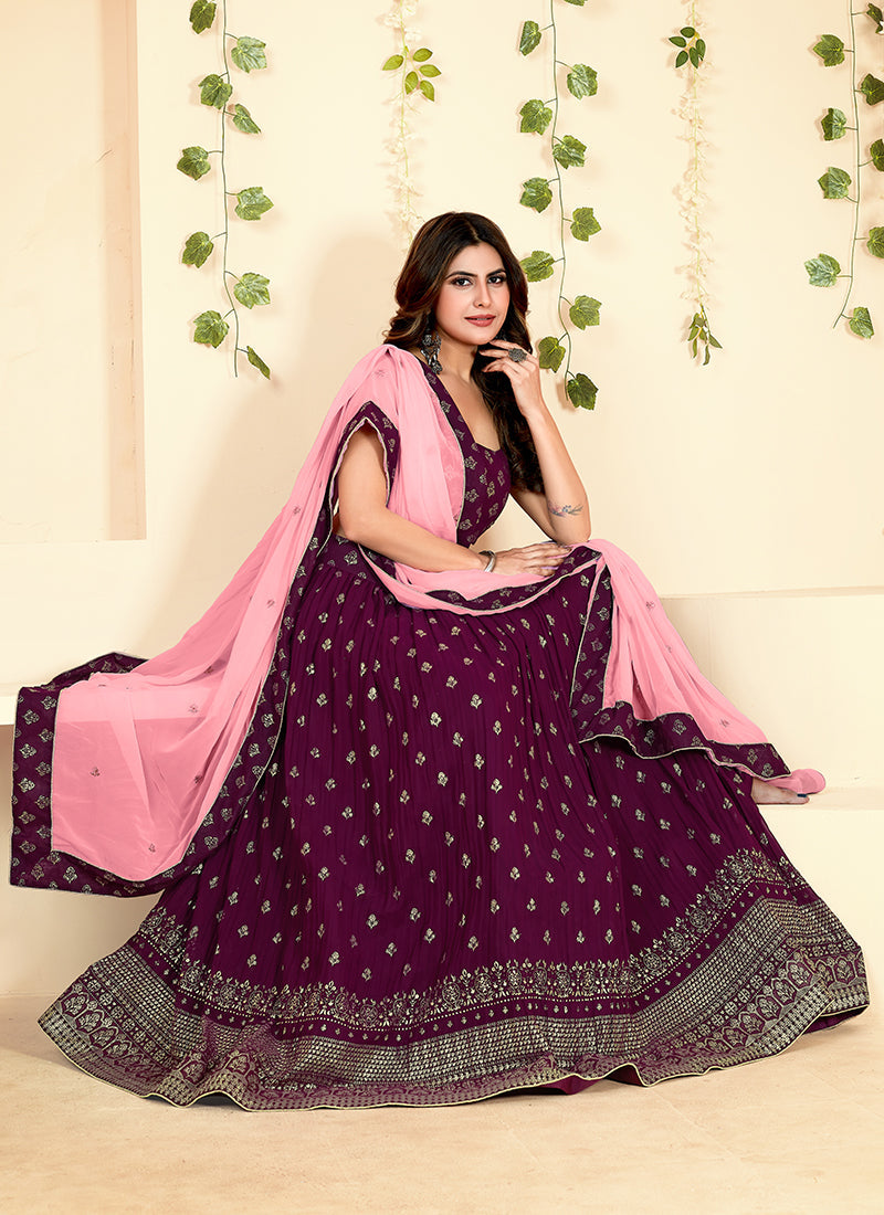 Deep Wine Golden Block Printed Georgette Lehenga Choli