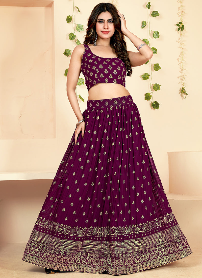 Deep Wine Golden Block Printed Georgette Lehenga Choli