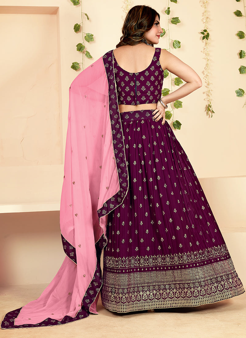 Deep Wine Golden Block Printed Georgette Lehenga Choli