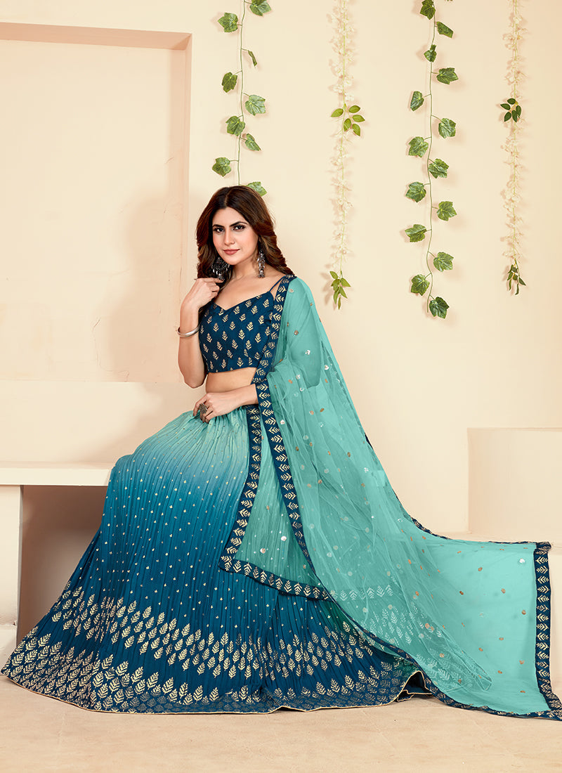 Blue Shaded Golden Block Printed Georgette Lehenga Choli