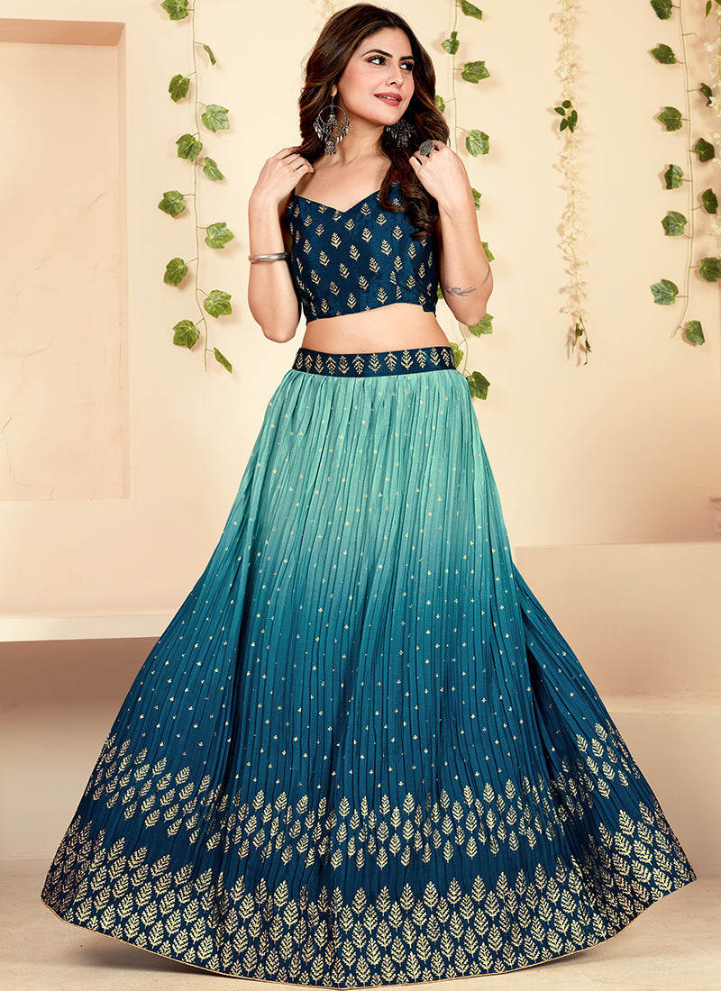 Blue Shaded Golden Block Printed Georgette Lehenga Choli