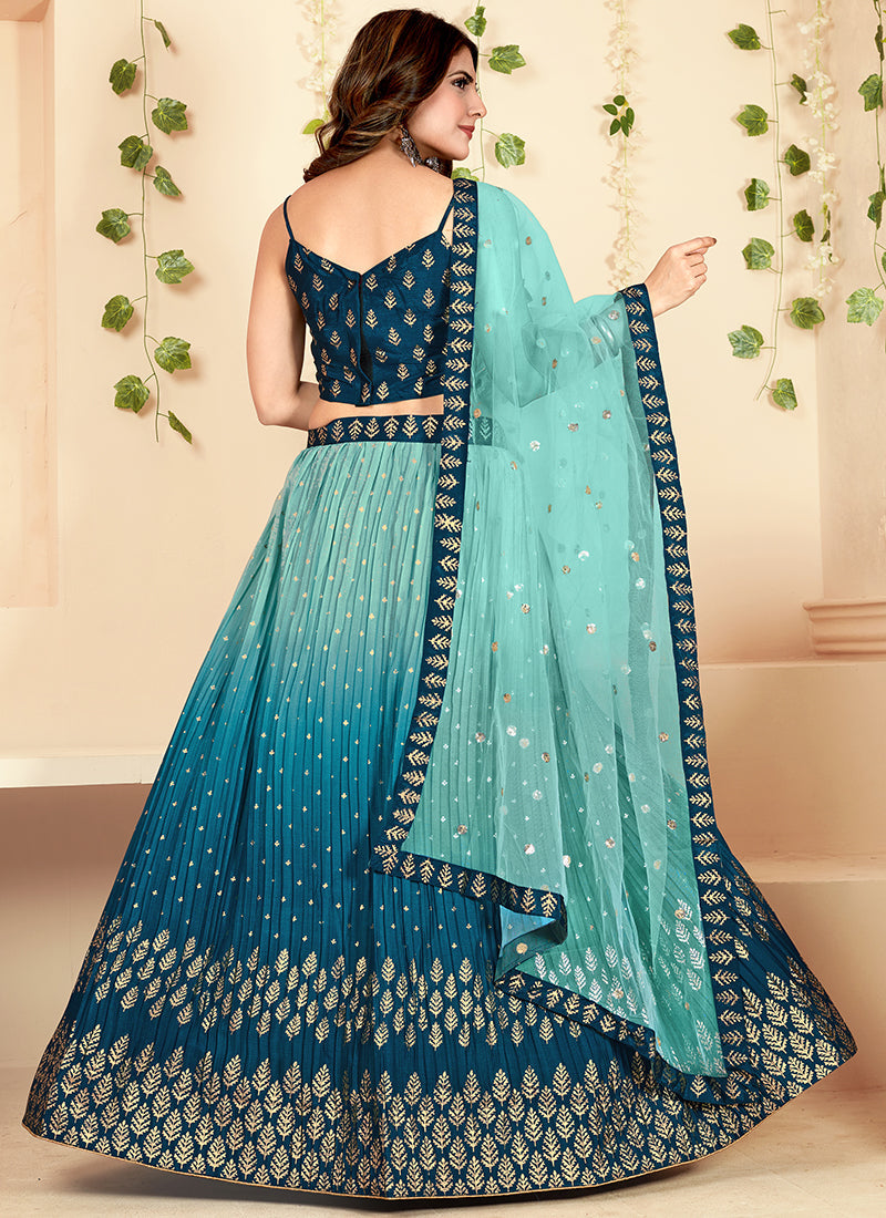 Blue Shaded Golden Block Printed Georgette Lehenga Choli