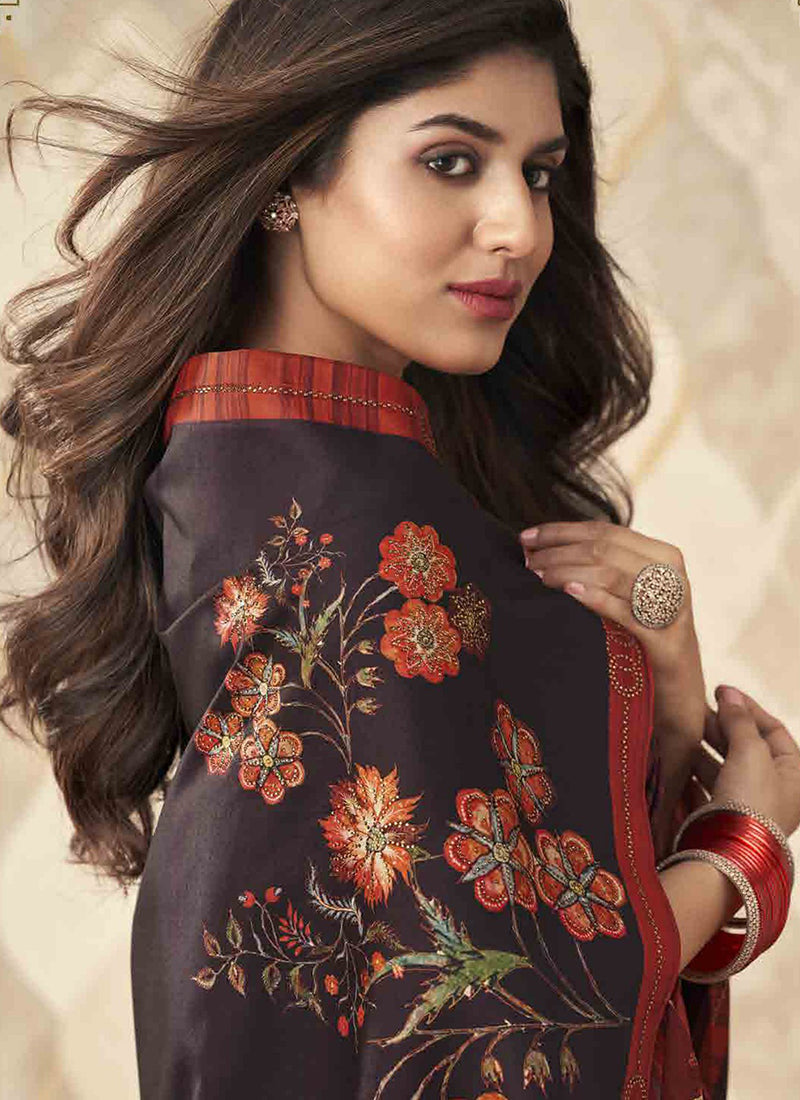 Red And Brown Digital Floral Printed Silk Saree