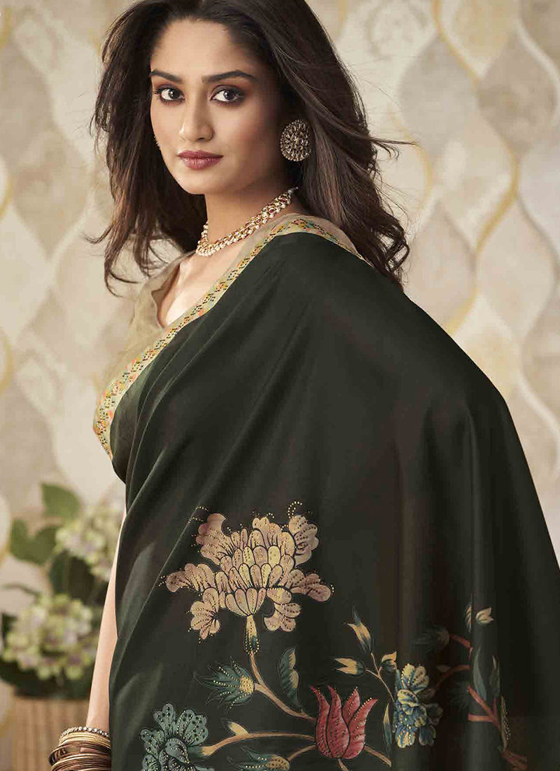 Olive Green Two Tone Digital Floral Printed Silk Saree