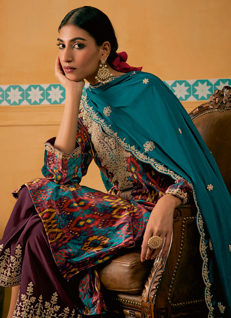 Wine And Teal Embroidered Velvet Kurta Pant Suit