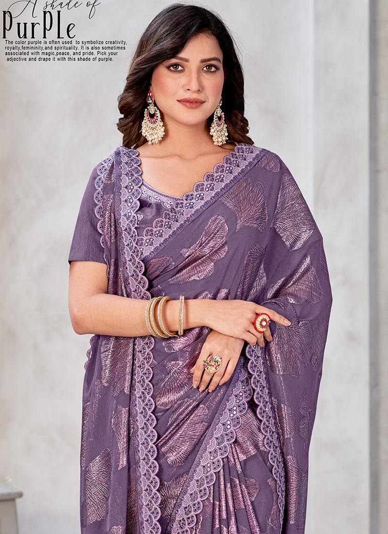 Purple Mirror Work Embroidery Georgette Jacquard Saree