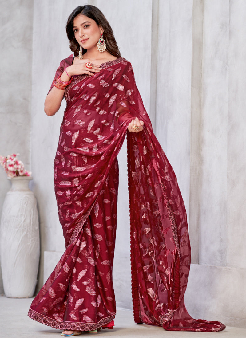 Red Embroidery Georgette Jacquard Saree