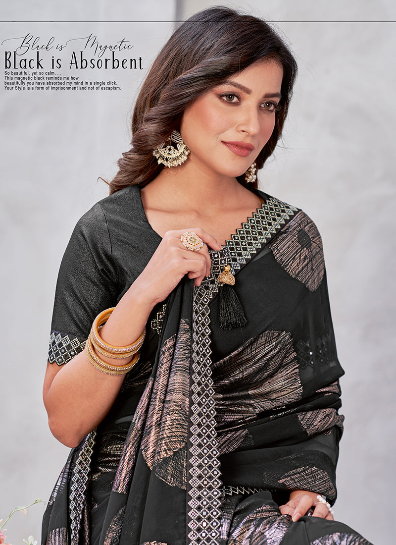 Black Mirror Work Embroidery Georgette Jacquard Saree