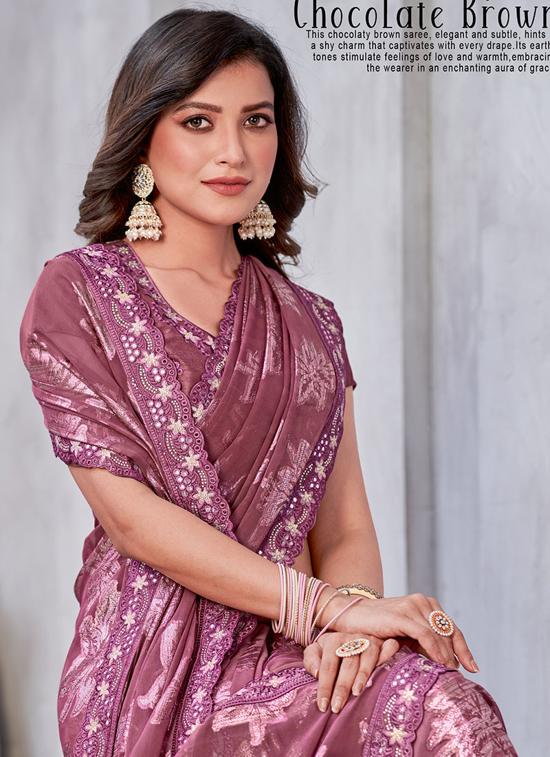 Mauve Mirror Work Embroidery Georgette Jacquard Saree