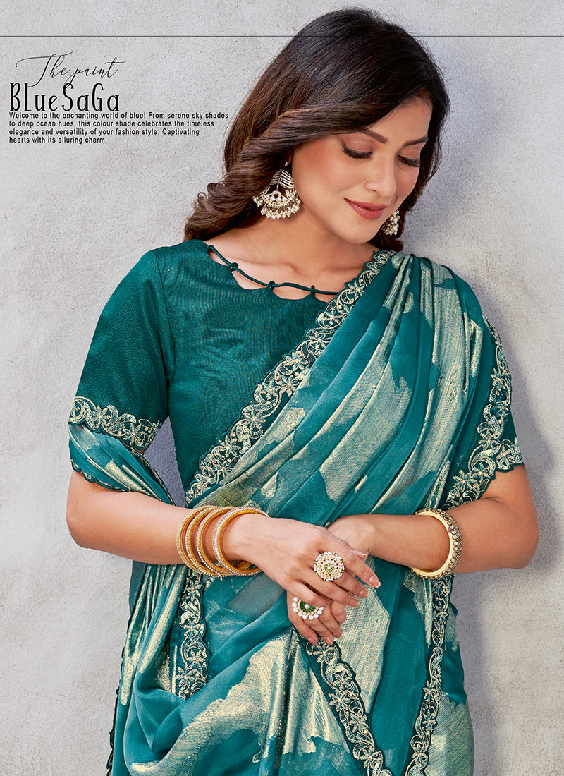 Turquoise Stone Work Embroidery Georgette Jacquard Saree