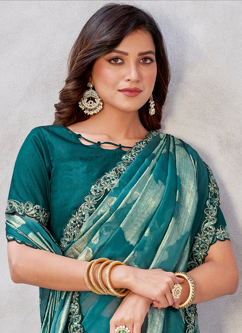 Turquoise Stone Work Embroidery Georgette Jacquard Saree