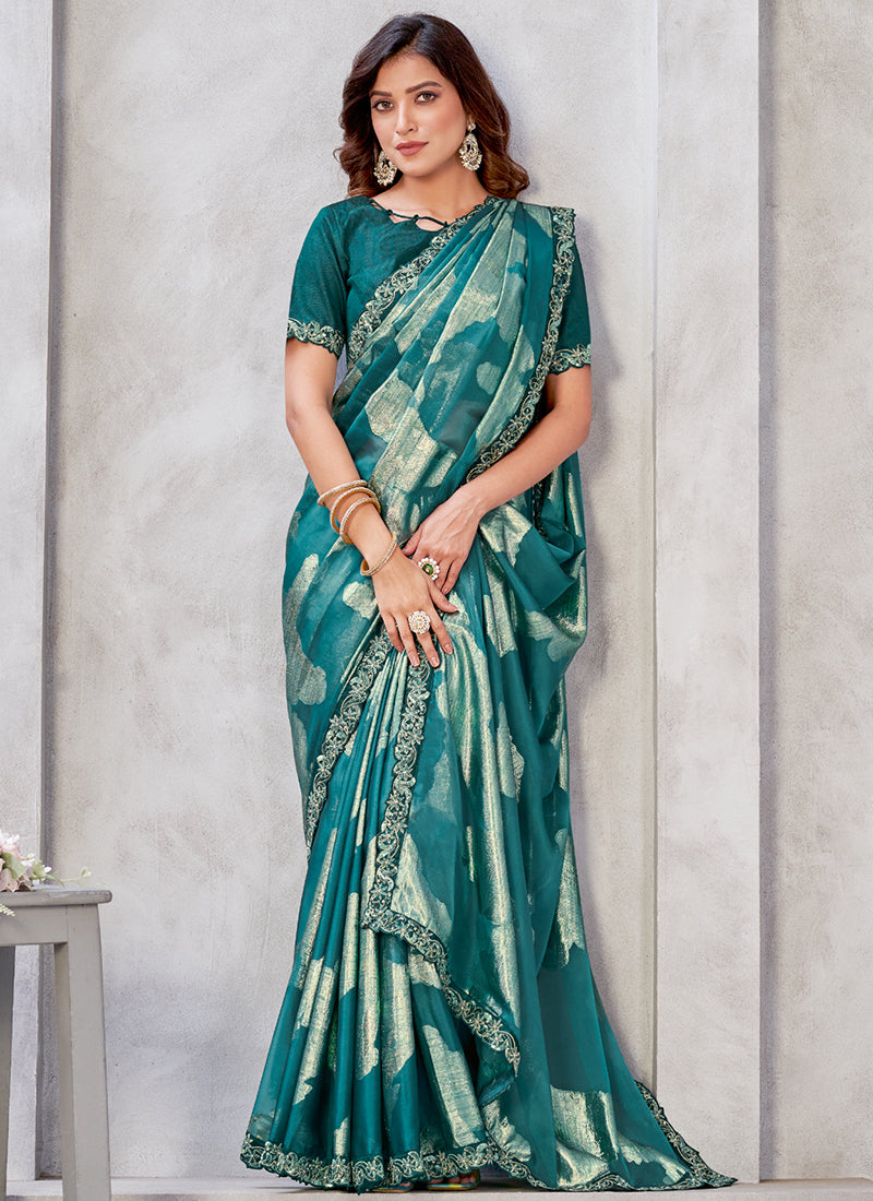 Turquoise Stone Work Embroidery Georgette Jacquard Saree