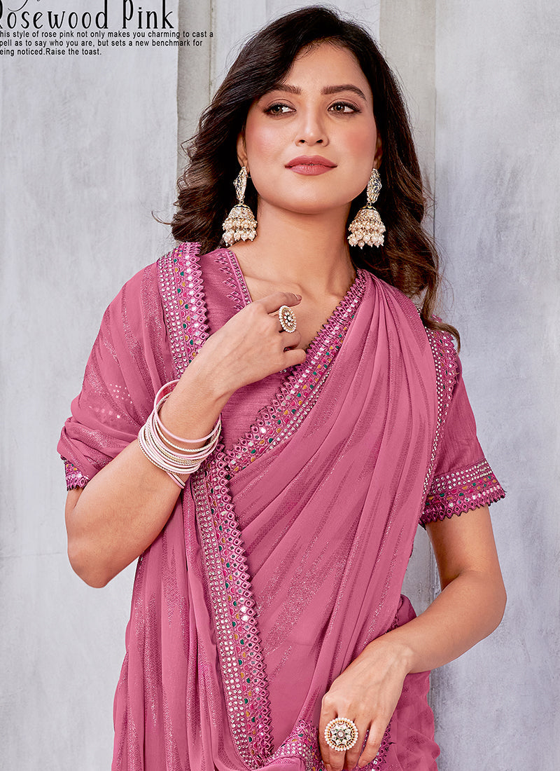 Pink Mirror Work Embroidery Georgette Jacquard Saree