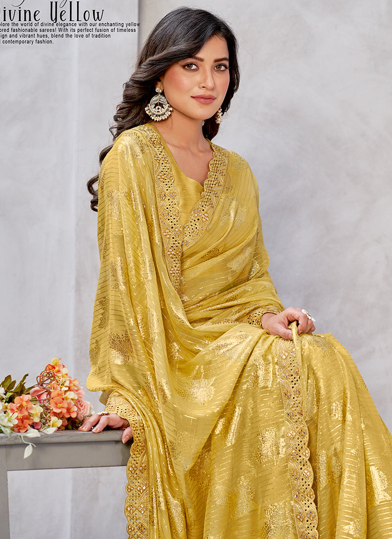 Yellow Mirror Work Embroidery Georgette Jacquard Saree