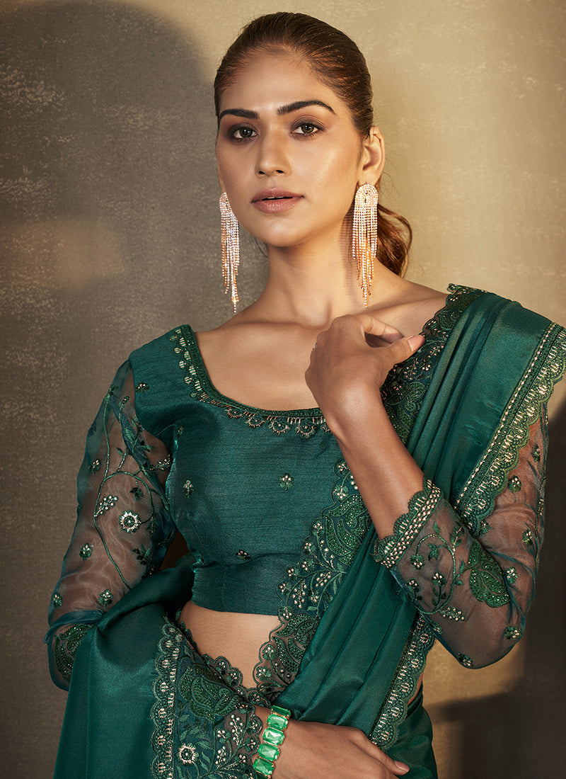 Dark Green Traditional Embroidery Festive Saree