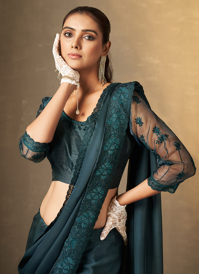 Deep Turquoise Traditional Embroidery Festive Saree