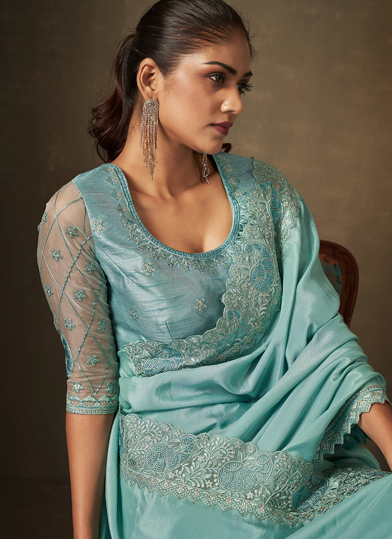 Aqua Blue Traditional Embroidery Festive Saree