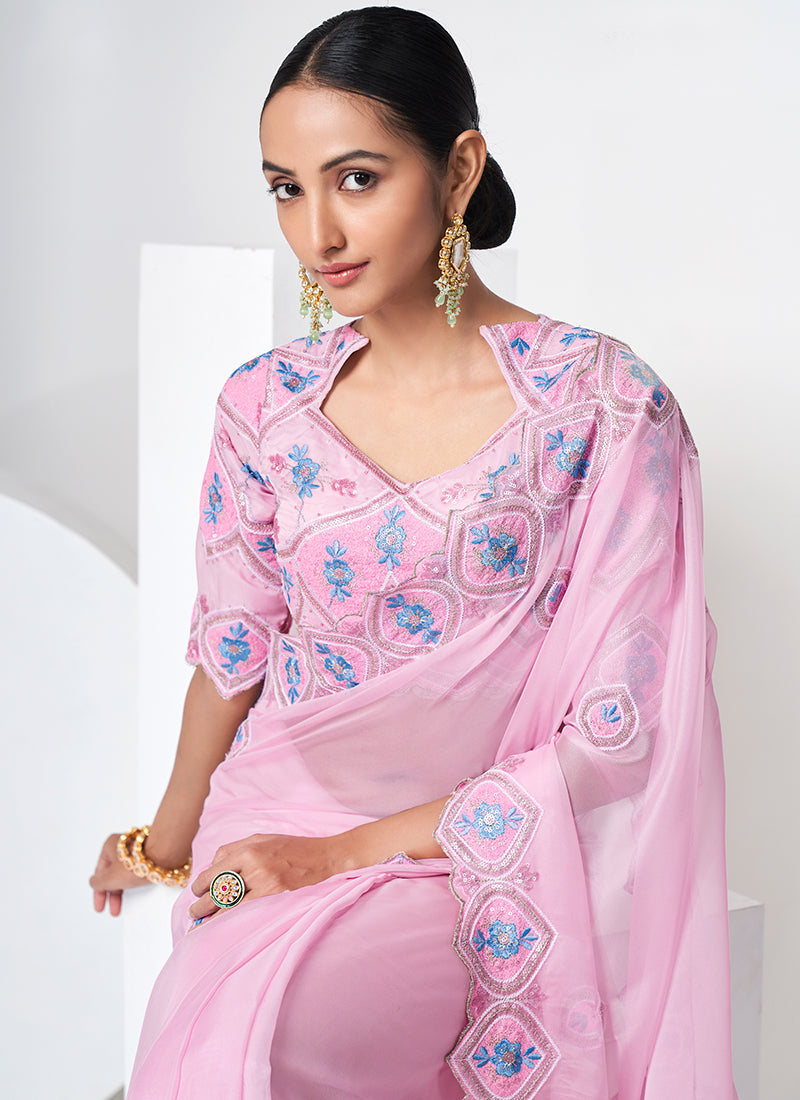 Pink Sequence Embroidery Organza Silk Saree