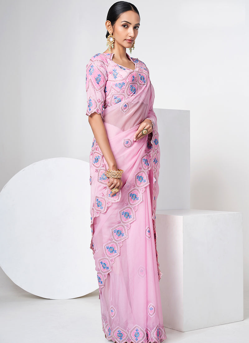 Pink Sequence Embroidery Organza Silk Saree