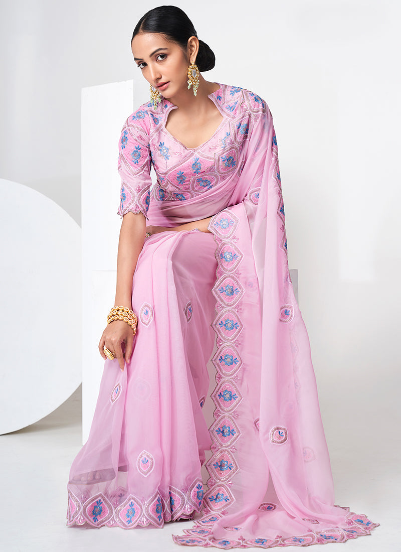 Pink Sequence Embroidery Organza Silk Saree