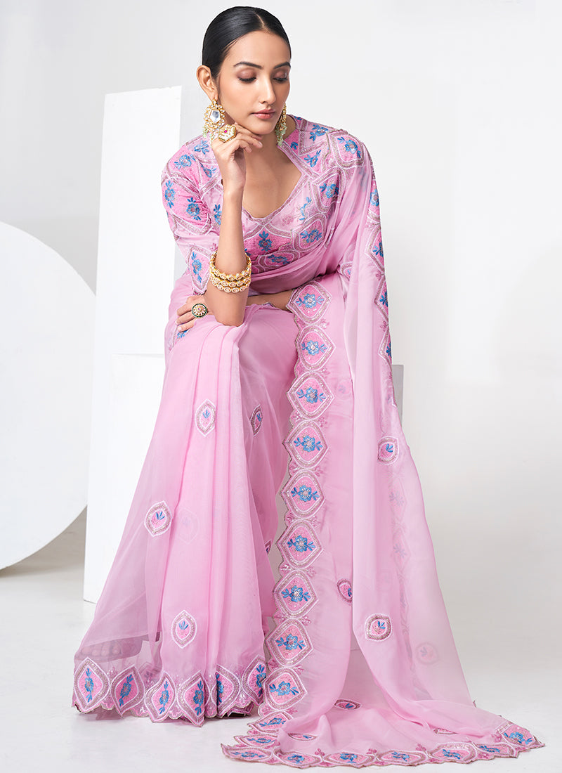 Pink Sequence Embroidery Organza Silk Saree