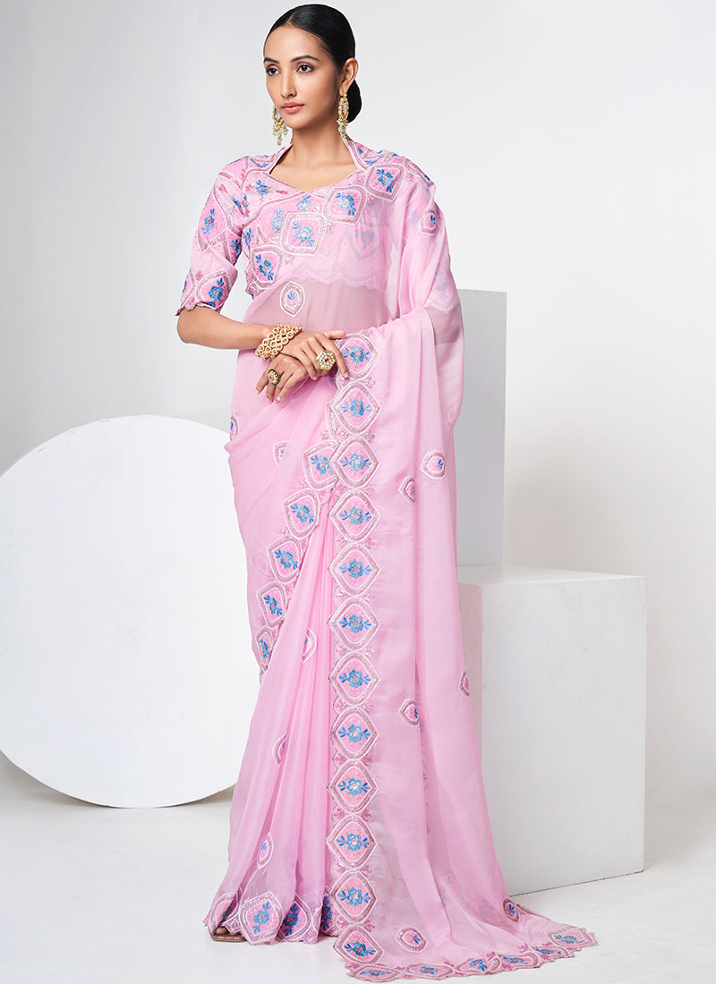 Pink Sequence Embroidery Organza Silk Saree