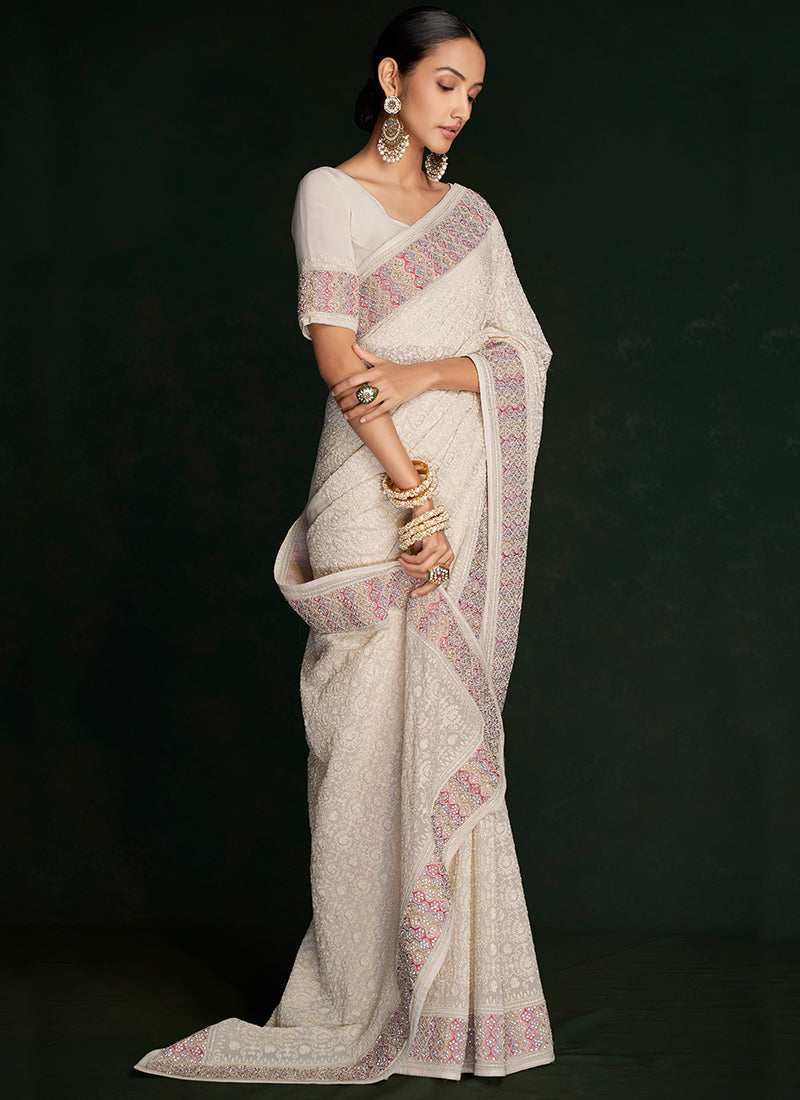 White And Pink Embroidery Lucknowi Saree