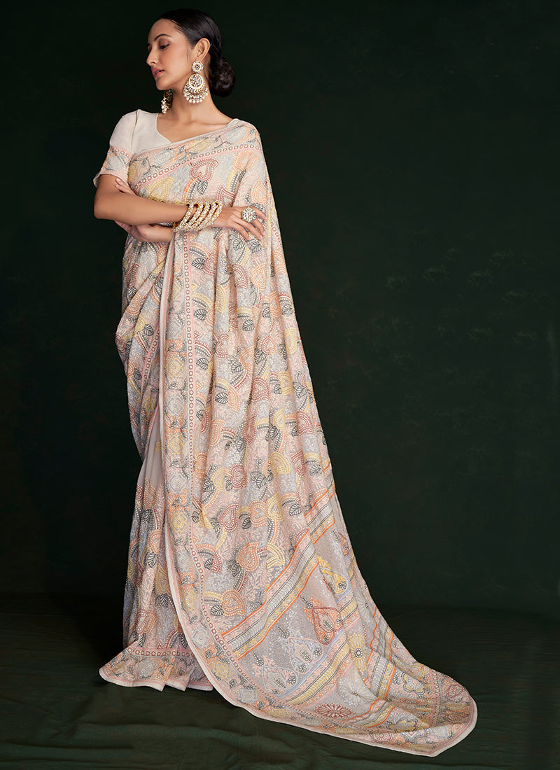 White And Peach Embroidery Lucknowi Saree