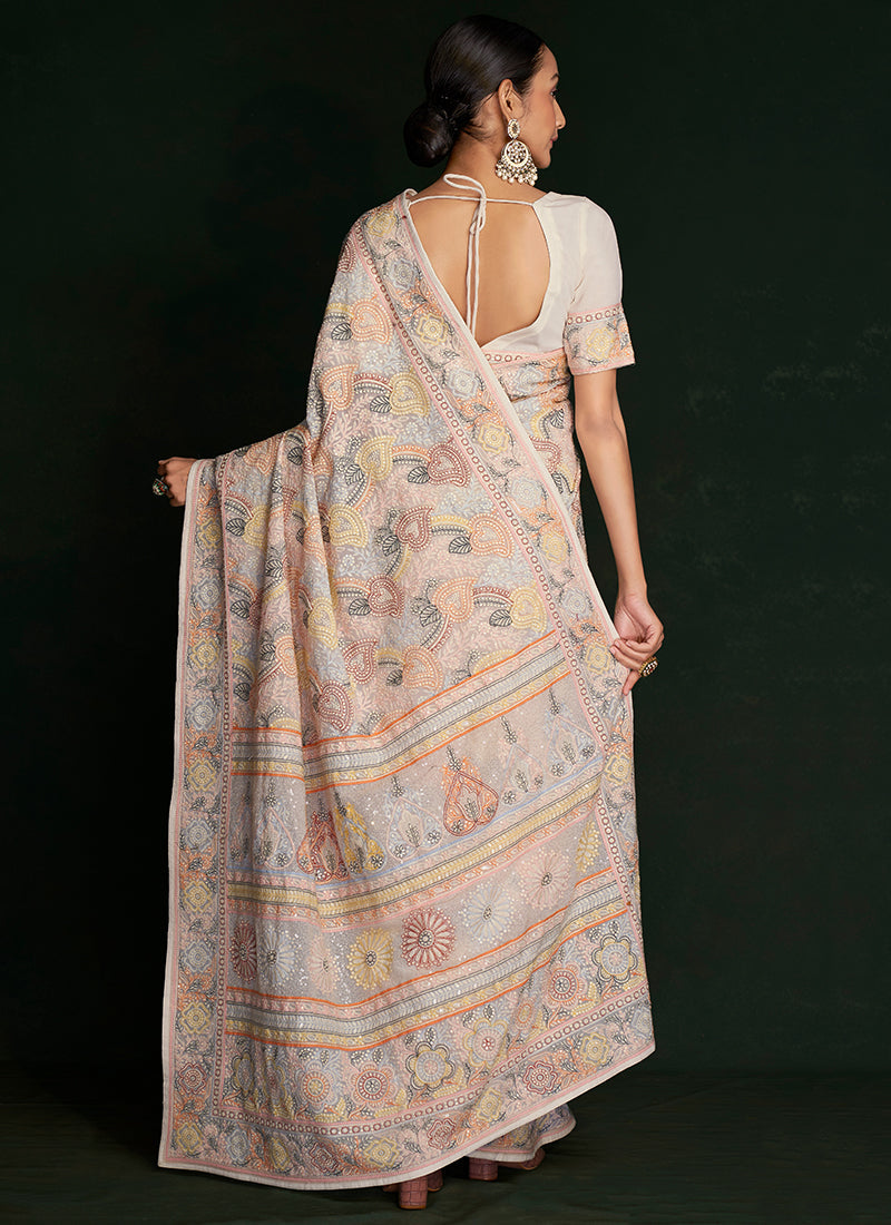 White And Peach Embroidery Lucknowi Saree